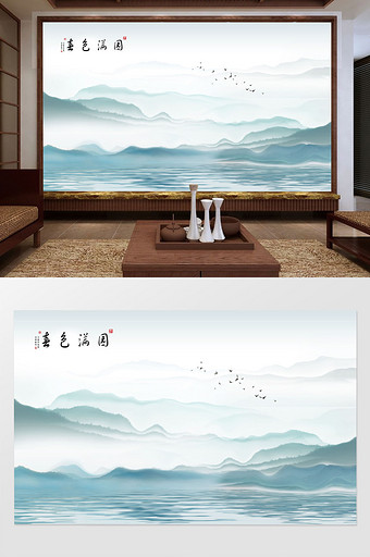 中式意境水墨山水电视沙发背景墙图片