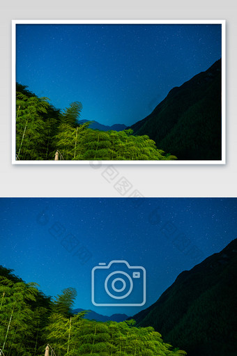 乡村竹林间蓝色星空山脉摄影图图片
