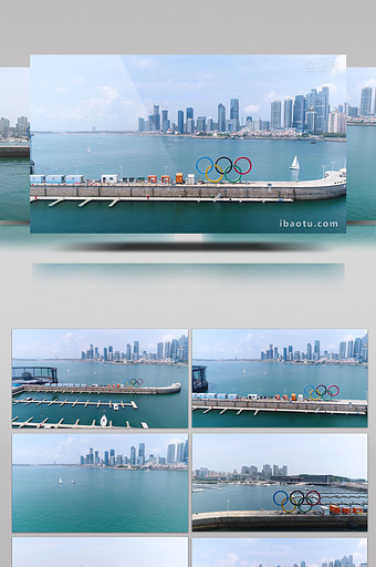 海上奥运五环帆船码头航拍素材图片