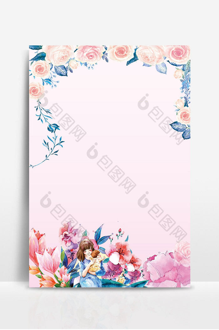 粉色花朵蓝叶母亲节背景
