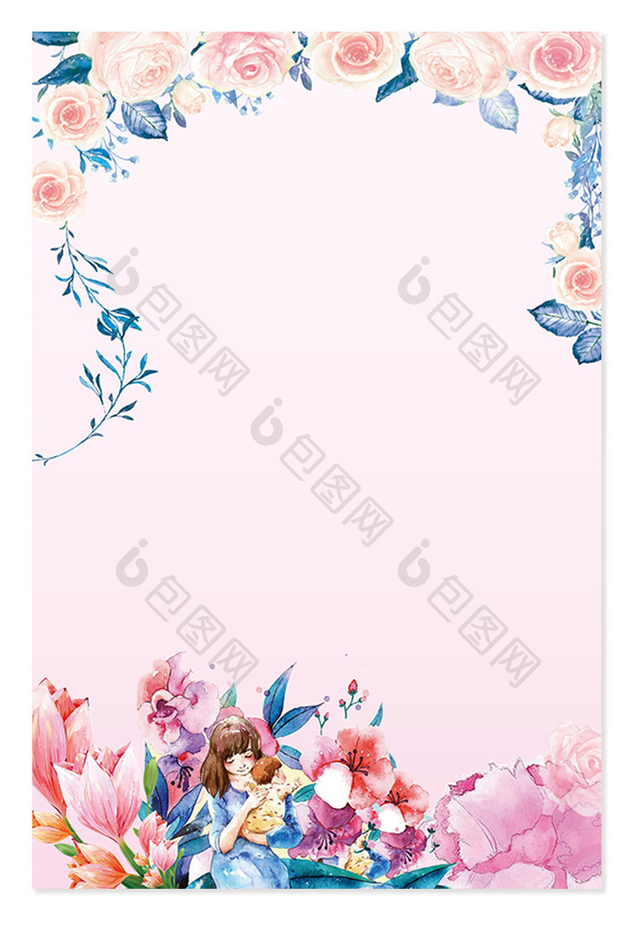 粉色花朵蓝叶母亲节背景