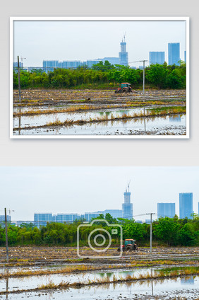 城市农田春耕农机耙田作业场景