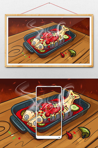 手绘桌面美食烤鱼插画图片