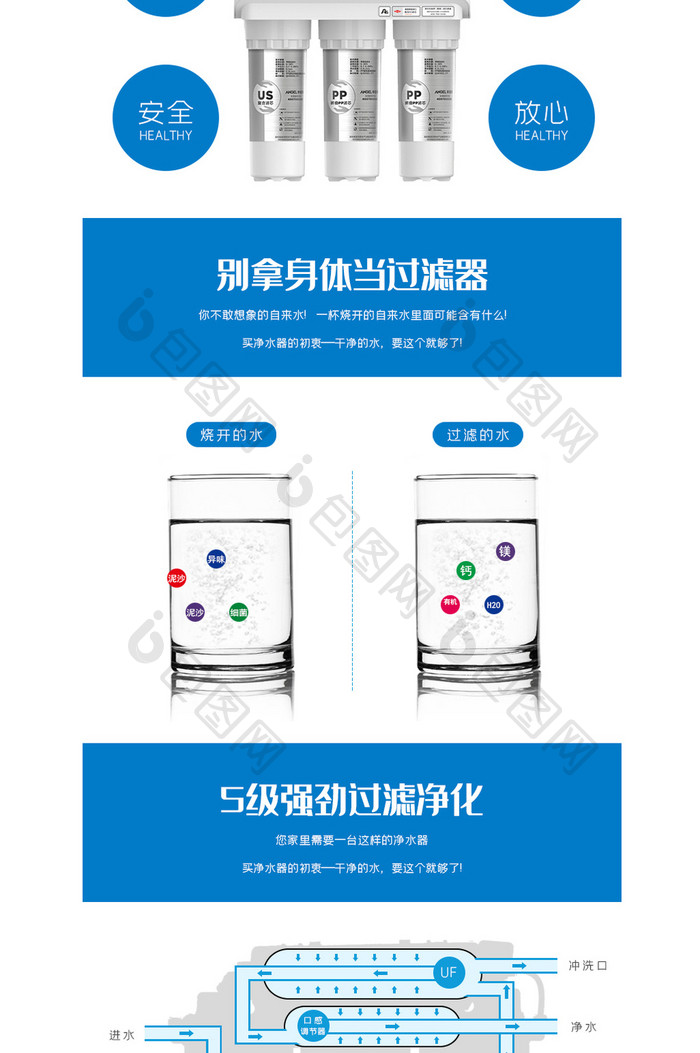 浅蓝色净水器家用矿物水自来水过滤器净水机