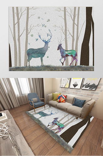 北欧现代水墨抽象大树麋鹿地毯图案图片