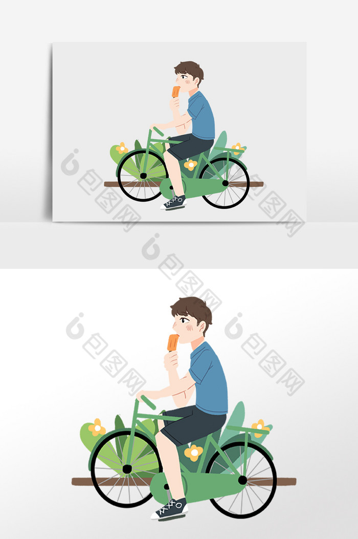 夏季乘凉骑车吃冰淇淋男孩插画图片图片