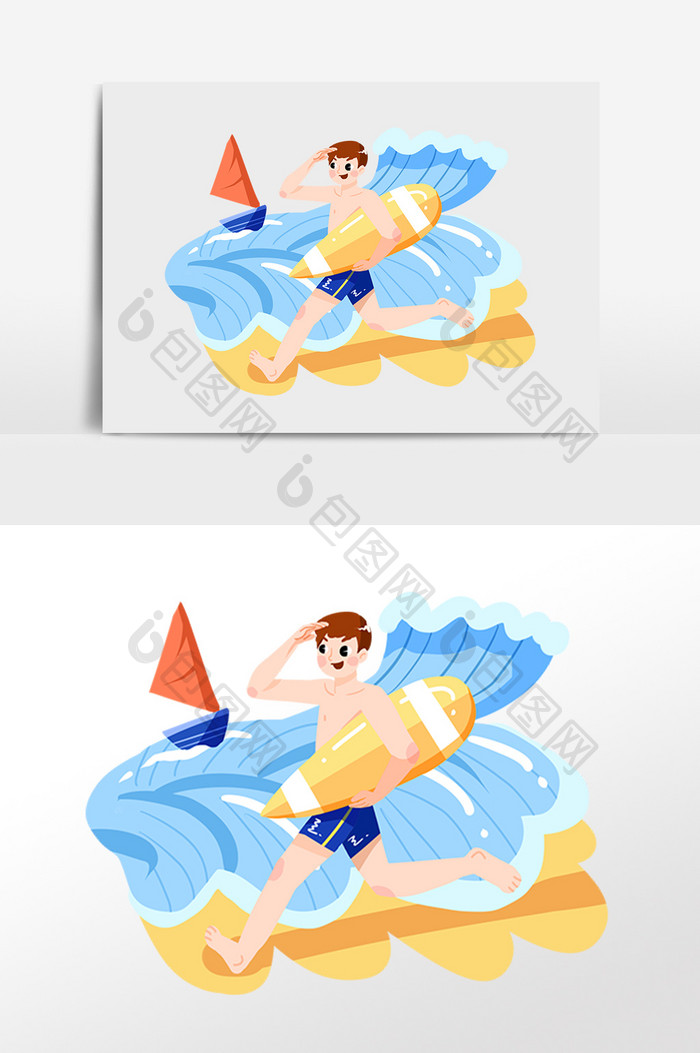 手绘夏季海滩戏水冲浪男孩插画