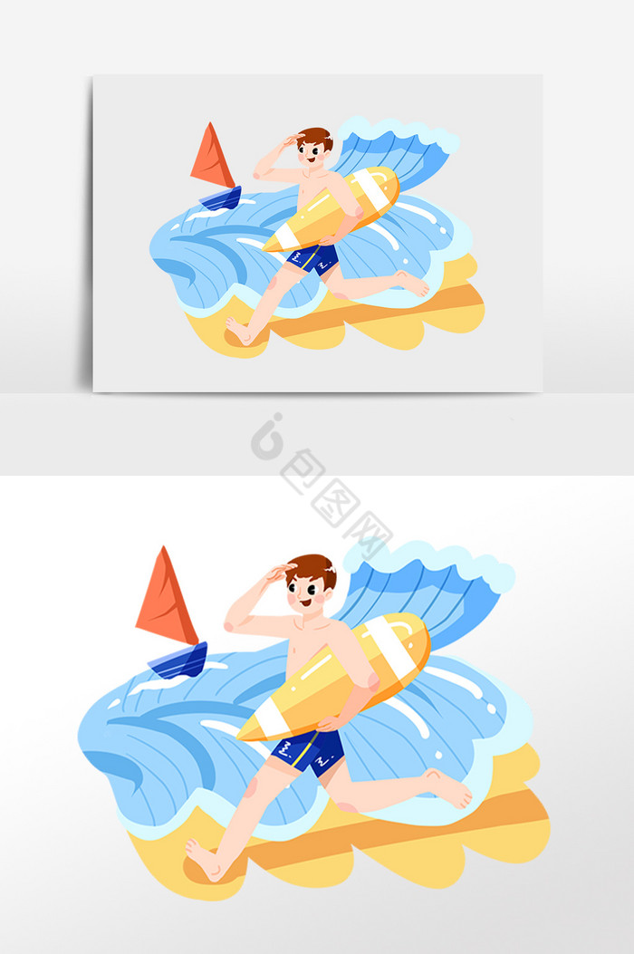夏季海滩戏水冲浪男孩插画图片