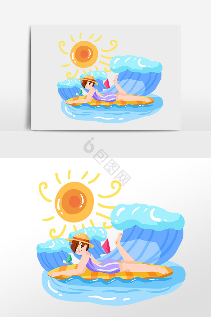夏季海滩戏水日光浴女孩插画