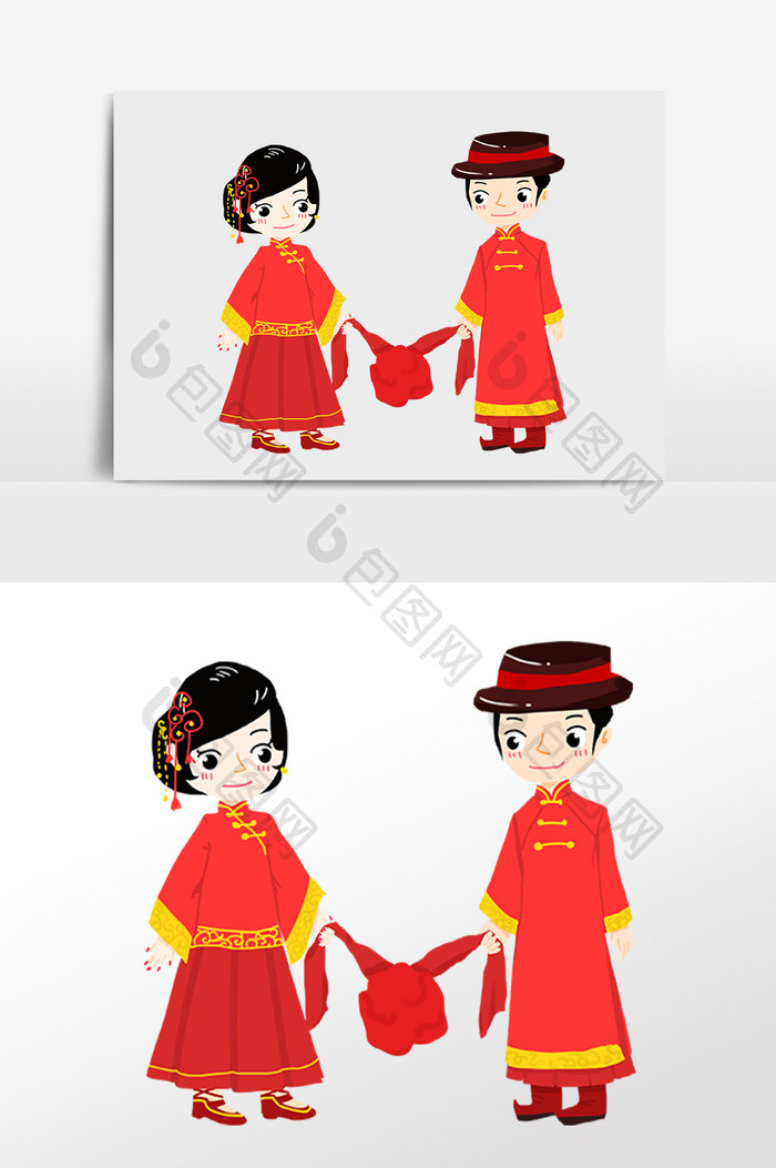 手绘结婚中式婚礼新人插画