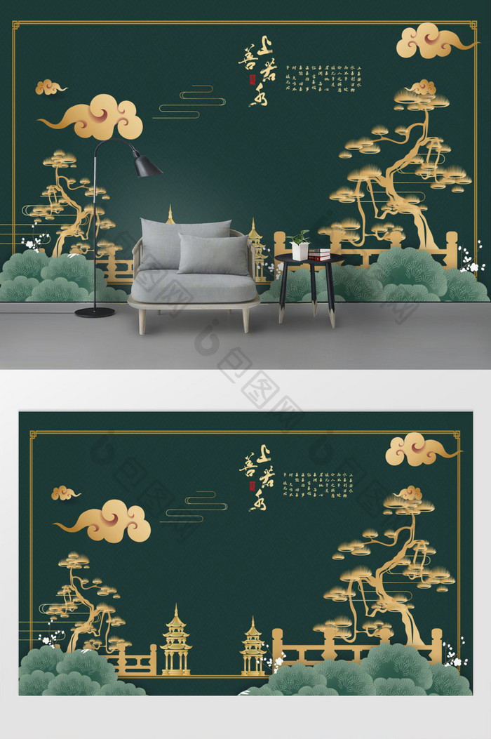 中国风国潮金色叶子复古绿色背景墙