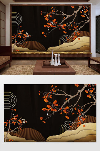 简约新中式手绘银杏叶背景墙装饰画图片