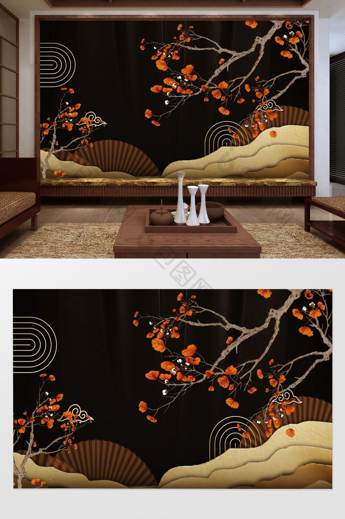 简约新中式手绘银杏叶背景墙装饰画