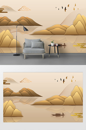 中国风中式金色古典祥云山水电视沙发背景墙图片