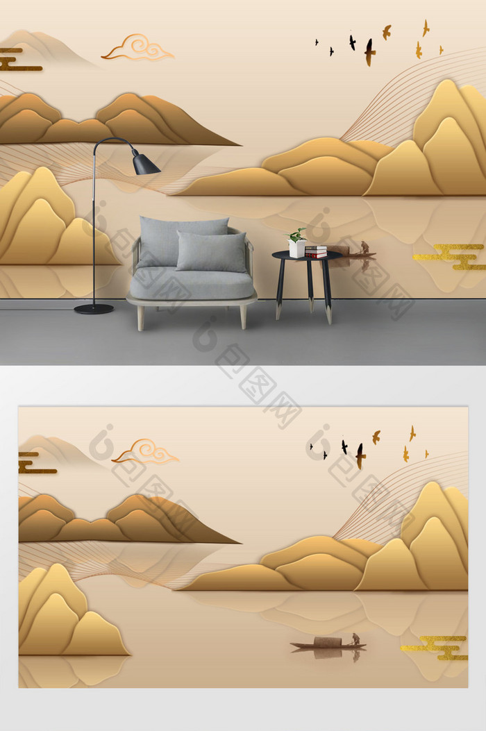 中国风中式金色古典祥云山水电视沙发背景墙
