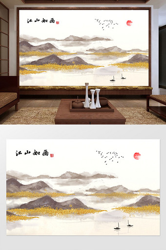 中式现代简约抽象金线线条水墨山水背景墙图片