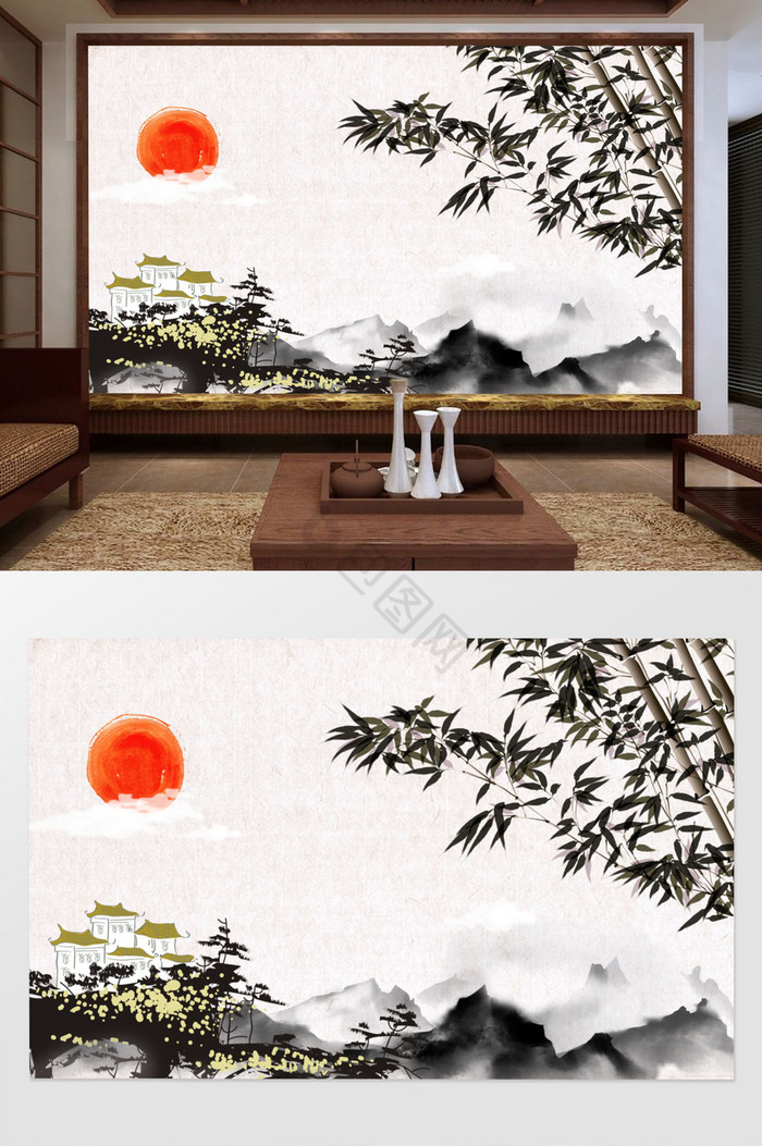 意境抽象水墨山水竹子客厅背景墙壁画图片