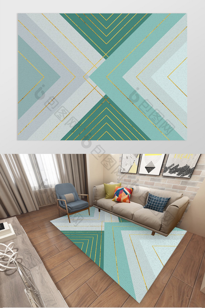 北欧风现代简约金色线条几何客厅地毯图案