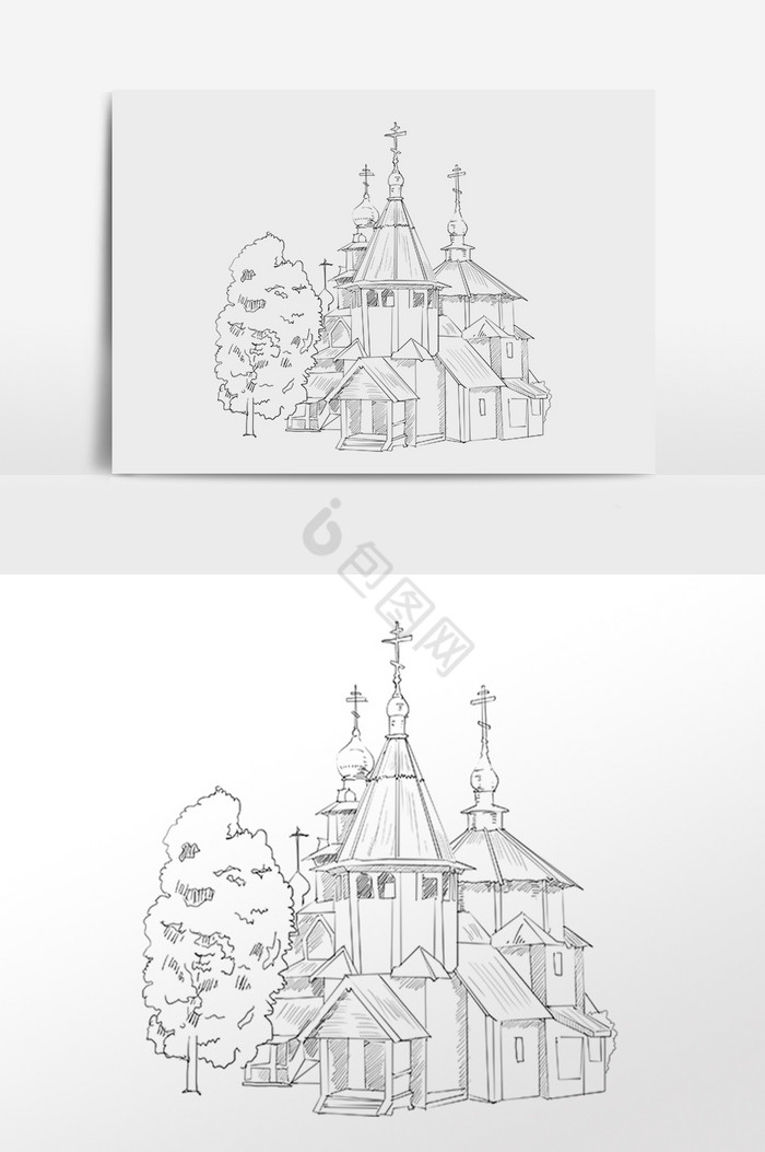 黑白线描素描教堂建筑插画图片