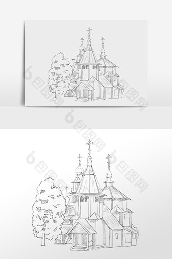 手绘黑白线描素描教堂建筑插画图片
