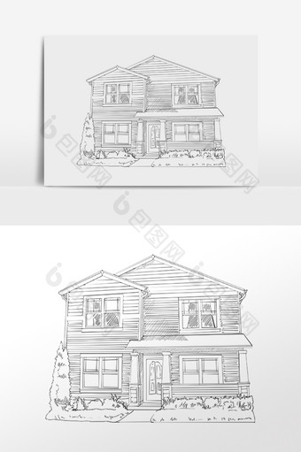 手绘黑白线描素描别墅建筑插画图片