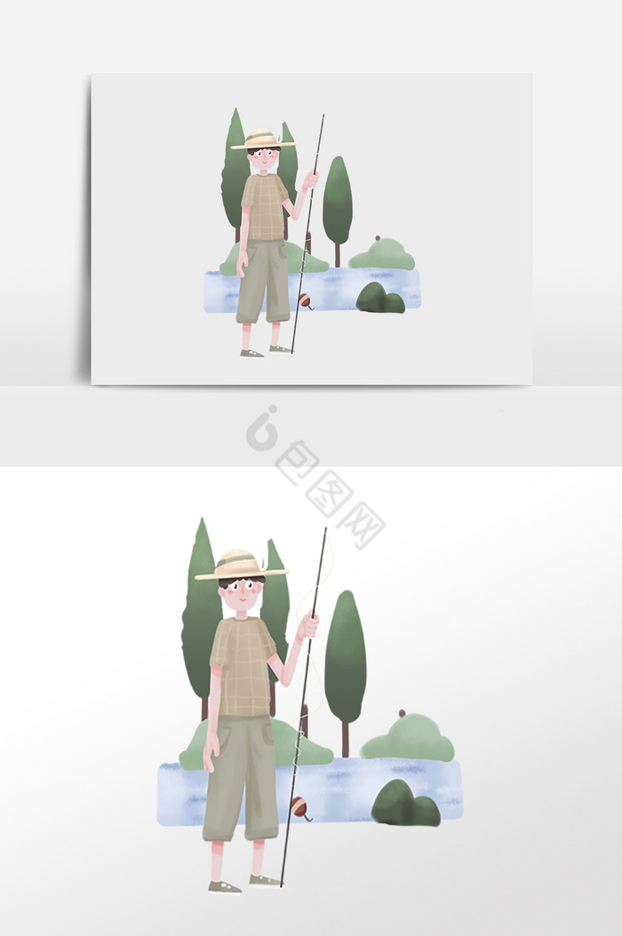 夏季度假游玩钓鱼男孩插画图片