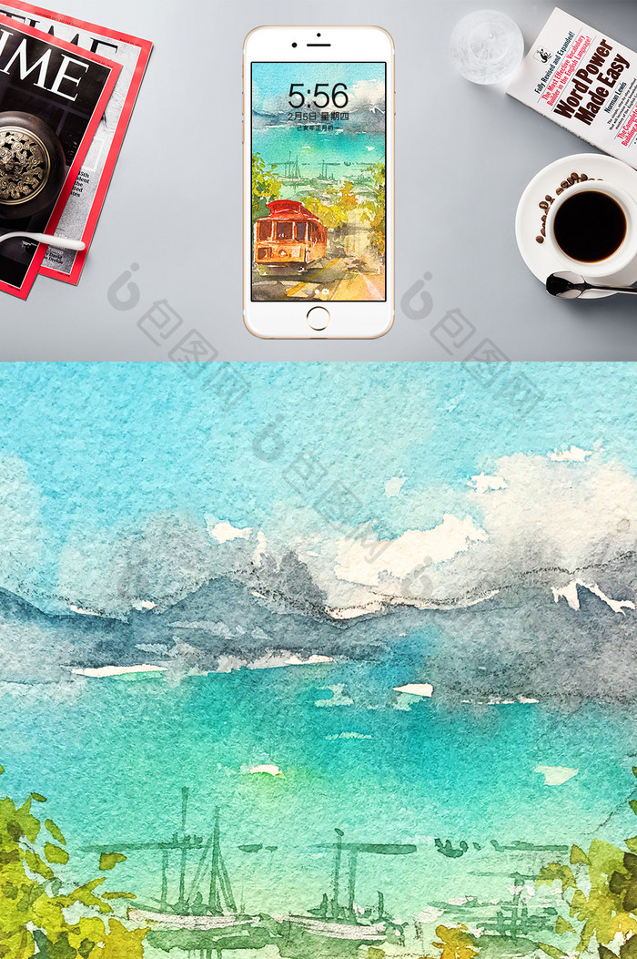 清新暖色调夏日公路海景水彩手绘手机壁纸 图片下载 包图网
