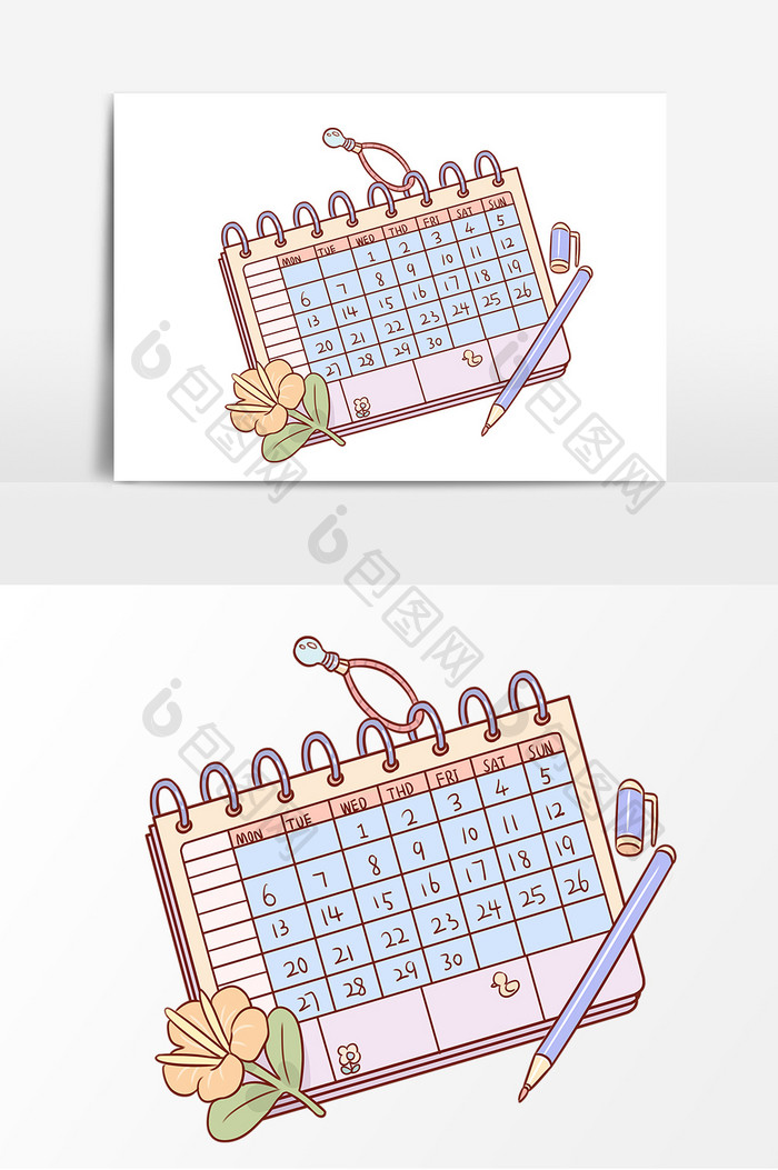 日历手绘卡通元素插画