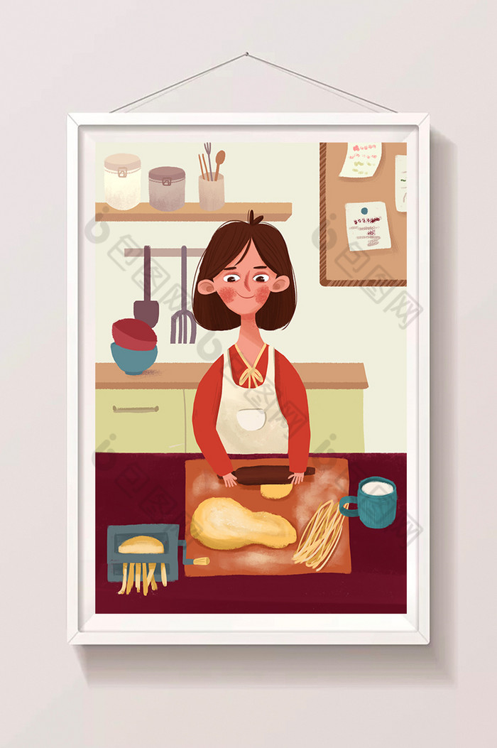 家庭主妇厨房擀面插画图片图片