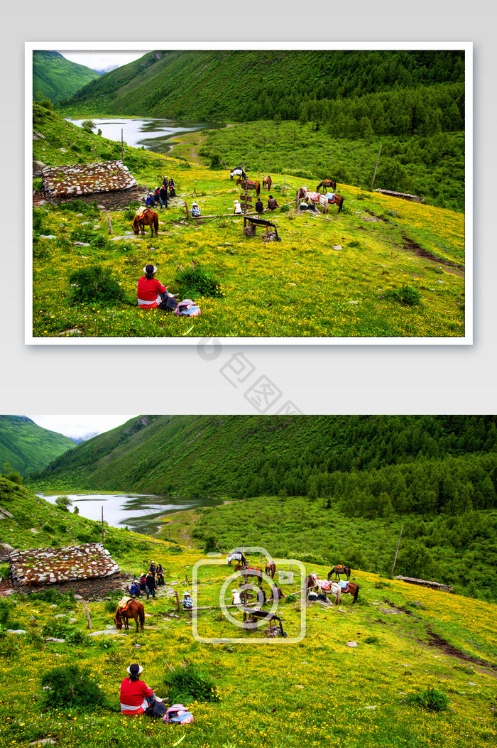 四川四姑娘山大草原草地河流青山白云野炊图片图片