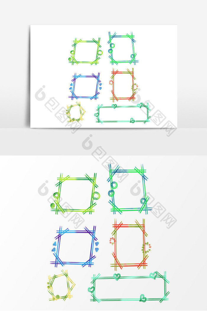 手绘简单方形绿色蓝色边框元素