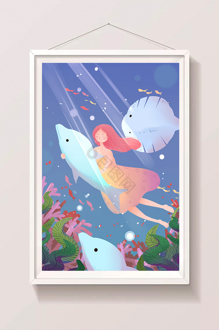 世界海洋日海豚少女插画图片
