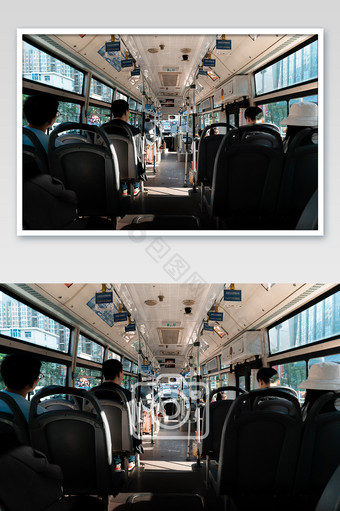 蓝色黄色生活城市公交上班途中纪实摄影图片