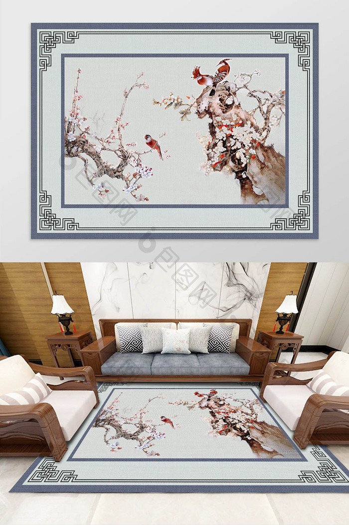 中式古典手绘工笔梅花飞鸟质感地毯图案装饰