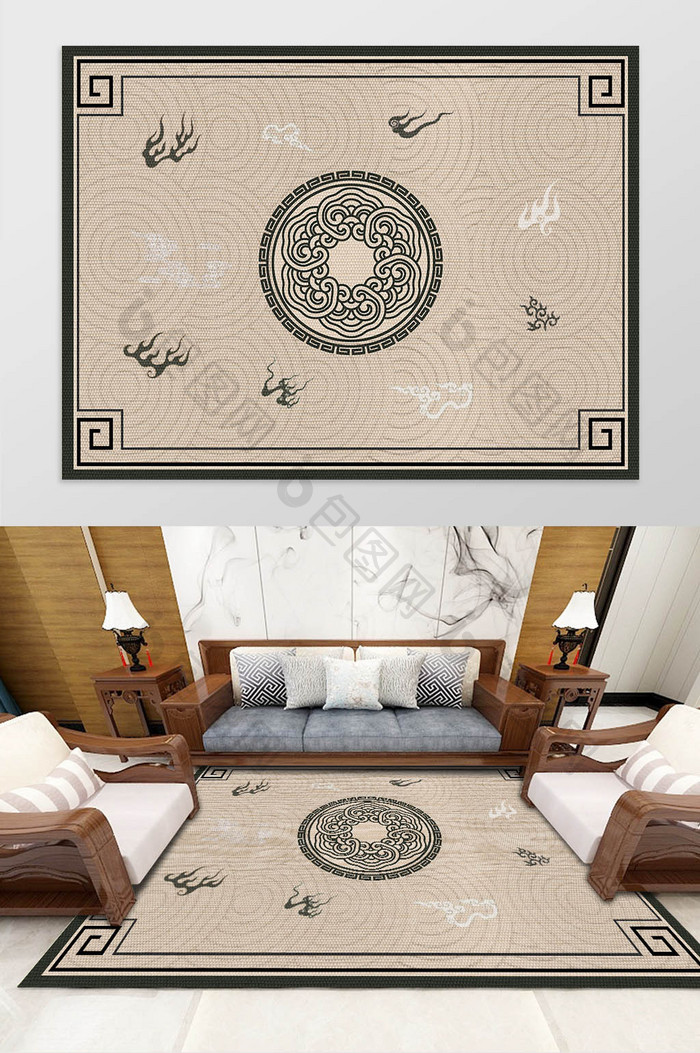 中式古典边框火焰祥云花纹质感地毯图案装饰
