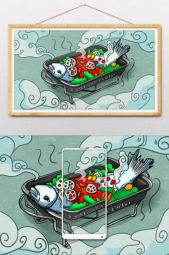 卡通美味食物烤鱼插画图片