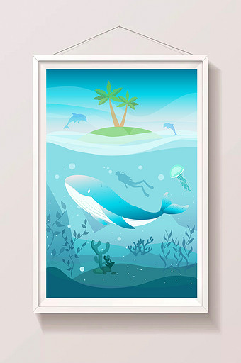 清新唯美世界海洋日与海洋生物同行插画图片
