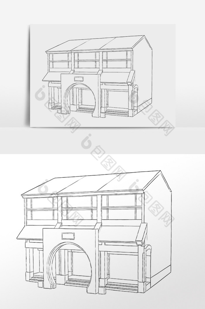简笔画线描古风标志建筑插画图片