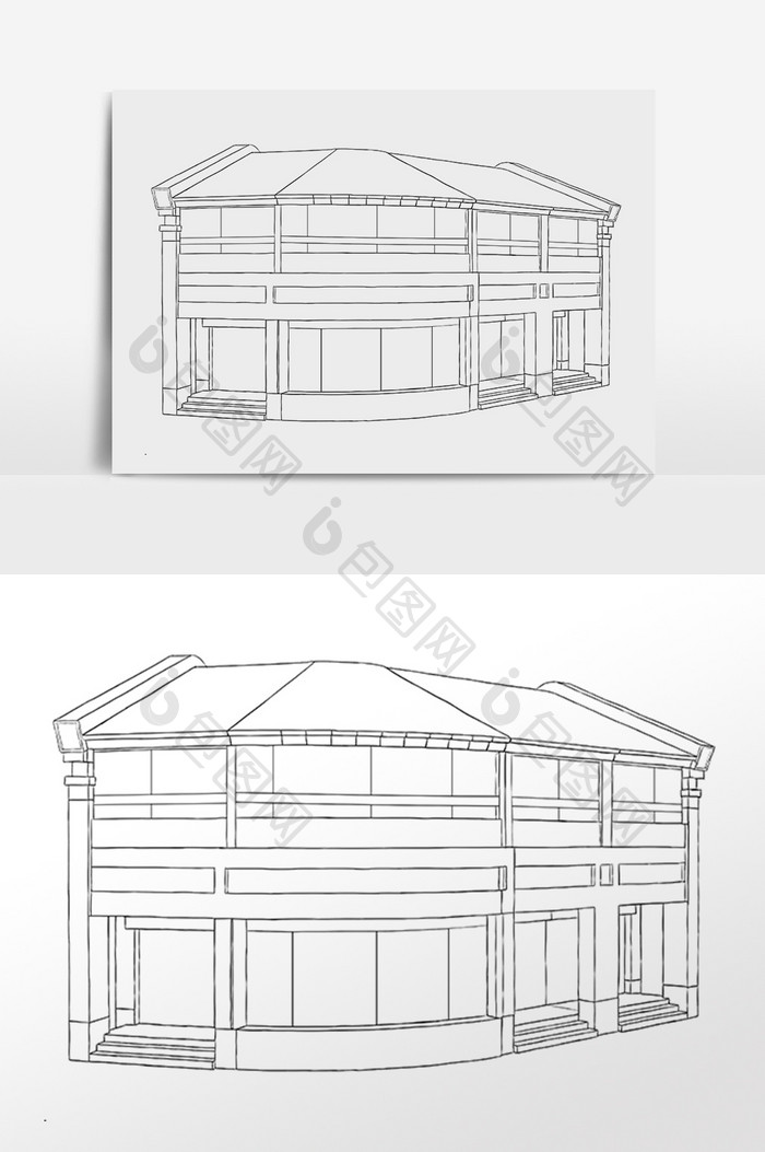 手绘简笔画线描古风建筑插画