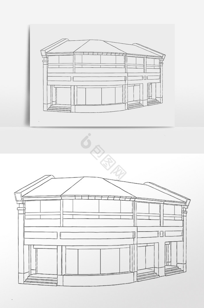 简笔画线描古风建筑插画图片