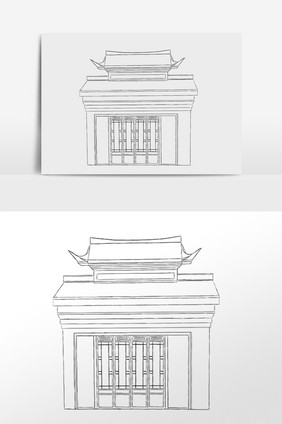 手绘简笔画线描博物馆建筑插画