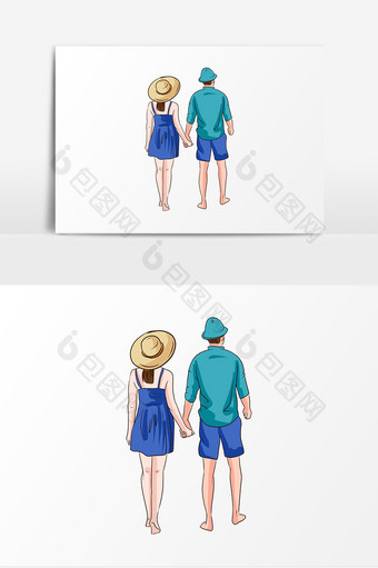 情侣海滩散步卡通人物元素图片
