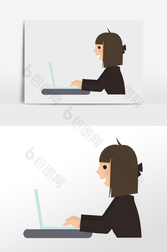 手绘商务电脑办公女子侧面插画图片