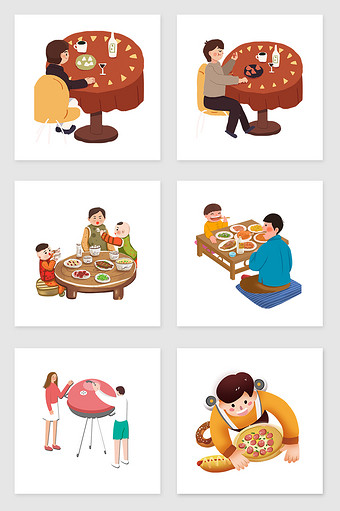 手绘吃饭的人们套图插画元素图片