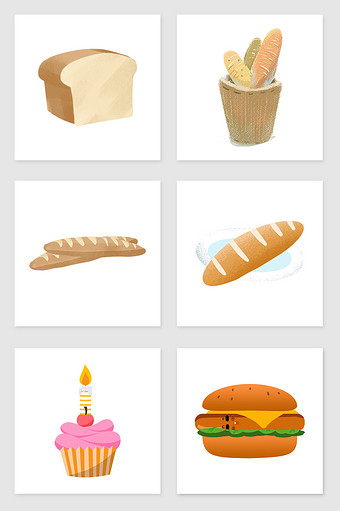 手绘面包和蛋糕套图插画元素图片