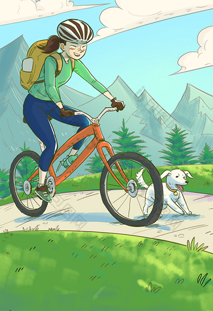 绿色旅游骑车出行动漫手绘插画