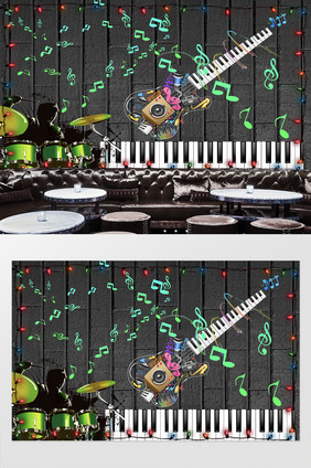 创意炫酷音乐音符吉他狂欢霓虹工装背景墙