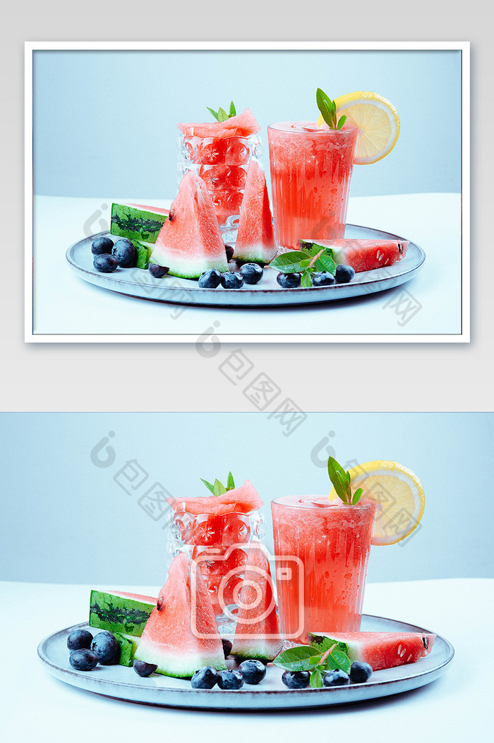 日系清凉西瓜蓝莓柠檬组合摄影图