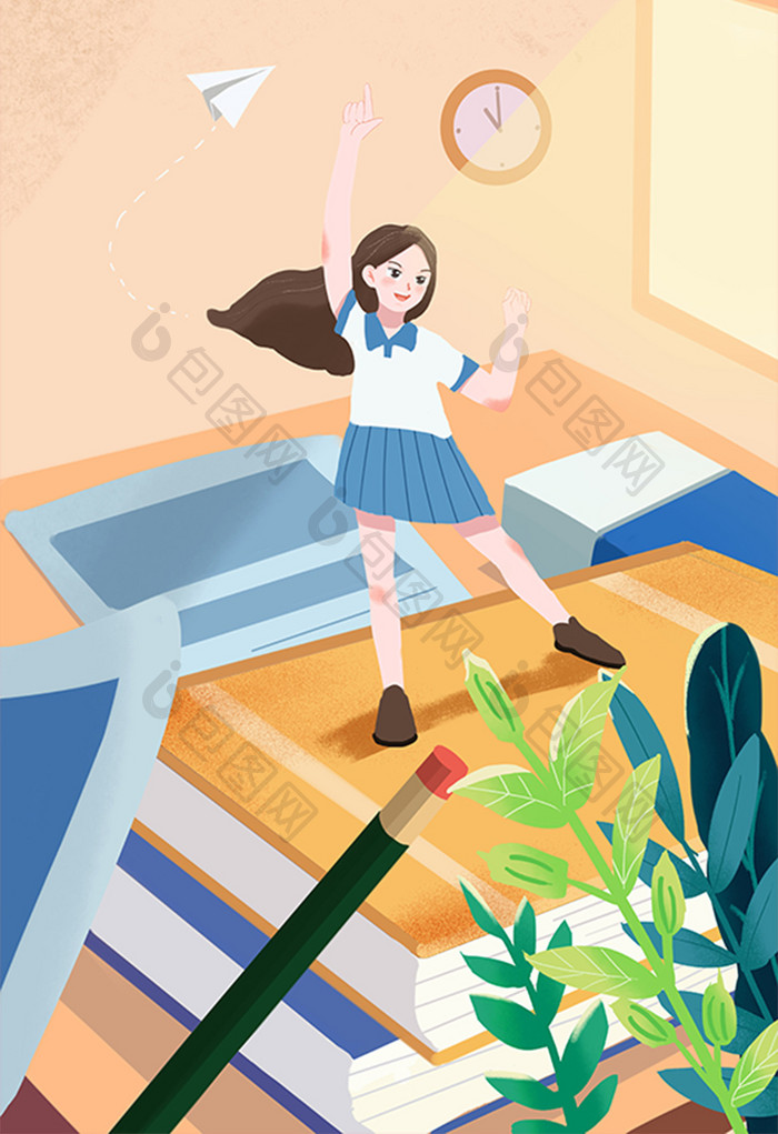 卡通扁平备战高考复习做题女学生插画