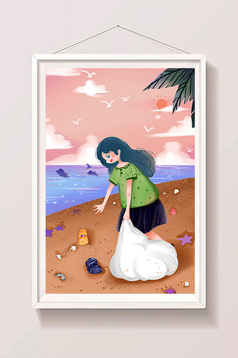 卡通扁平世界海洋日保护海洋环境捡垃圾插画图片